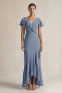 Rufffled V - Neck Sheath Chiffon Bridesmaid Dress in Neptune - KissProm Bridesmaid Dresses