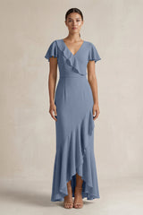 Rufffled V - Neck Sheath Chiffon Bridesmaid Dress in Neptune - KissProm Bridesmaid Dresses