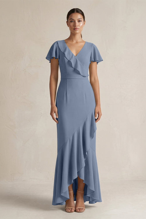 Rufffled V - Neck Sheath Chiffon Bridesmaid Dress in Neptune - KissProm Bridesmaid Dresses