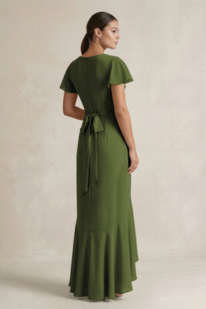 Rufffled V - Neck Sheath Chiffon Bridesmaid Dress in Olive - KissProm Bridesmaid Dresses