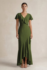 Rufffled V - Neck Sheath Chiffon Bridesmaid Dress in Olive - KissProm Bridesmaid Dresses