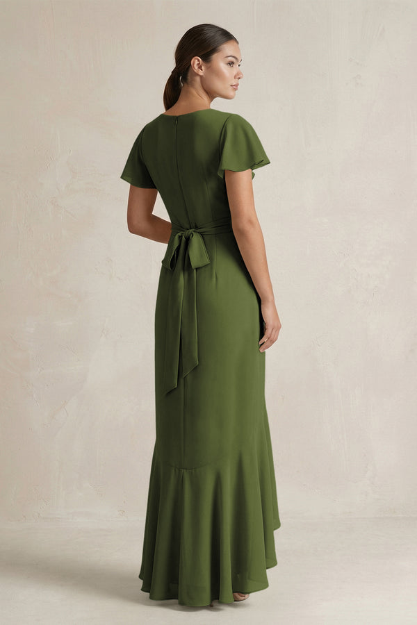 Rufffled V - Neck Sheath Chiffon Bridesmaid Dress in Olive - KissProm Bridesmaid Dresses