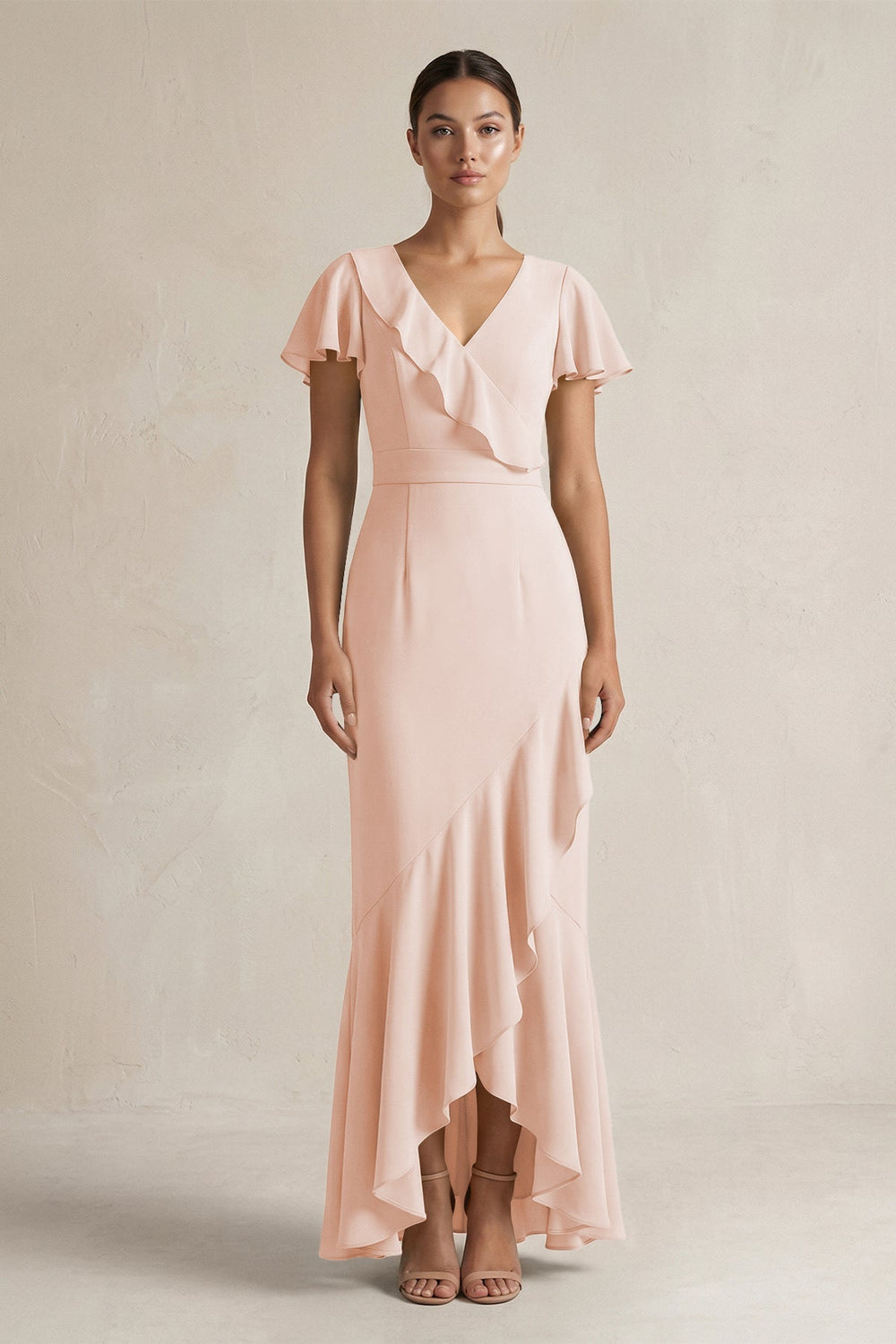 Rufffled V - Neck Sheath Chiffon Bridesmaid Dress in Pale Blush - KissProm Bridesmaid Dresses