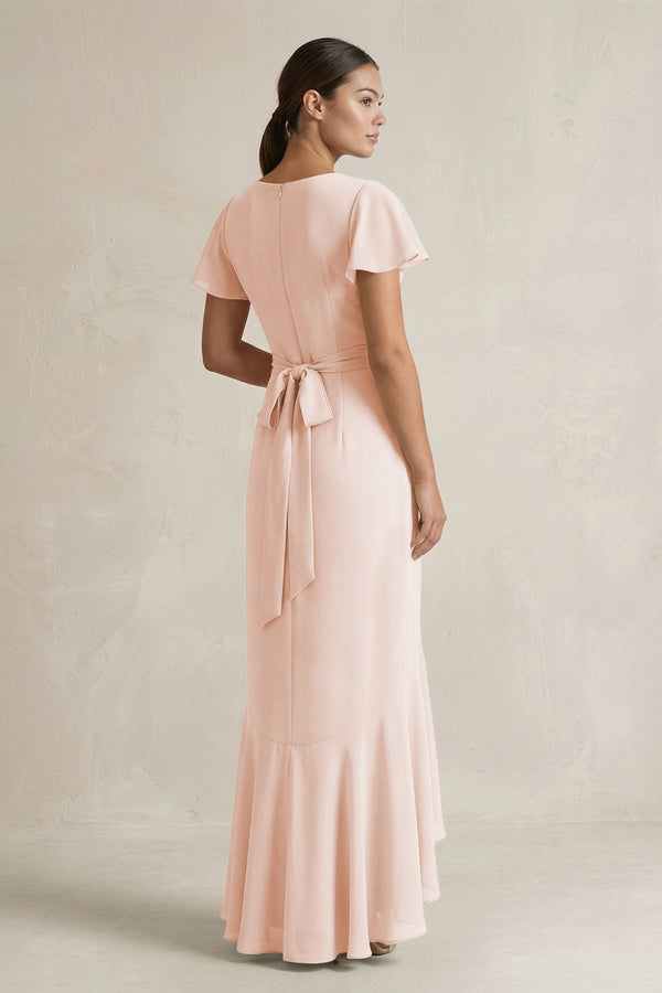 Rufffled V - Neck Sheath Chiffon Bridesmaid Dress in Pale Blush - KissProm Bridesmaid Dresses