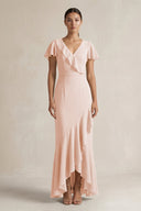 Rufffled V - Neck Sheath Chiffon Bridesmaid Dress in Pale Blush - KissProm Bridesmaid Dresses