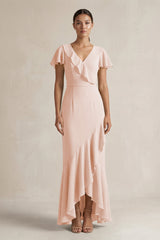 Rufffled V - Neck Sheath Chiffon Bridesmaid Dress in Pale Blush - KissProm Bridesmaid Dresses