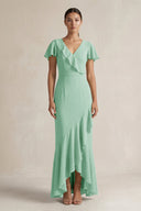 Rufffled V - Neck Sheath Chiffon Bridesmaid Dress in Pale Pistachio - KissProm Bridesmaid Dresses
