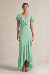Rufffled V - Neck Sheath Chiffon Bridesmaid Dress in Pale Pistachio - KissProm Bridesmaid Dresses