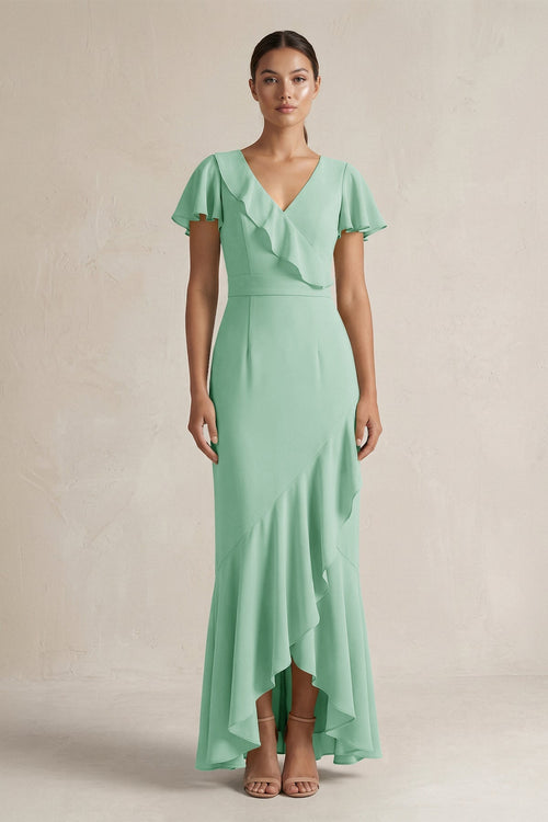 Rufffled V - Neck Sheath Chiffon Bridesmaid Dress in Pale Pistachio - KissProm Bridesmaid Dresses