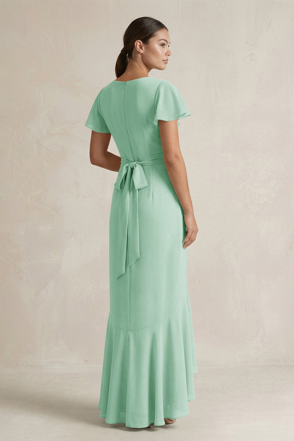 Rufffled V - Neck Sheath Chiffon Bridesmaid Dress in Pale Pistachio - KissProm Bridesmaid Dresses