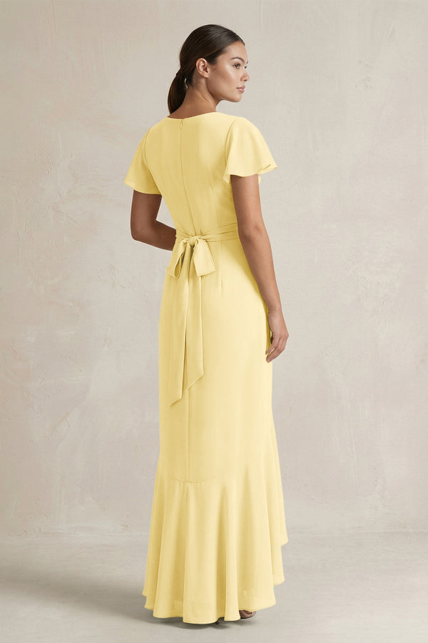 Rufffled V - Neck Sheath Chiffon Bridesmaid Dress in Pastel Yellow - KissProm Bridesmaid Dresses