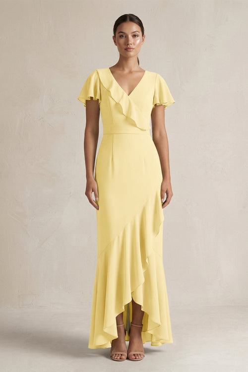 Rufffled V - Neck Sheath Chiffon Bridesmaid Dress in Pastel Yellow - KissProm Bridesmaid Dresses