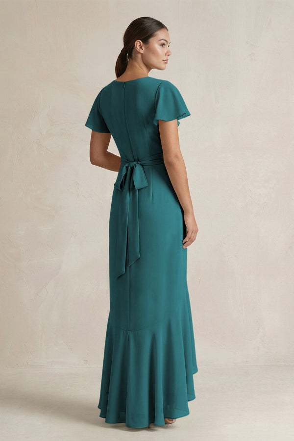 Rufffled V - Neck Sheath Chiffon Bridesmaid Dress in Pine - KissProm Bridesmaid Dresses