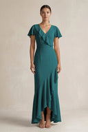 Rufffled V - Neck Sheath Chiffon Bridesmaid Dress in Pine - KissProm Bridesmaid Dresses