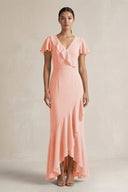 Rufffled V - Neck Sheath Chiffon Bridesmaid Dress in Rose Petal - KissProm Bridesmaid Dresses