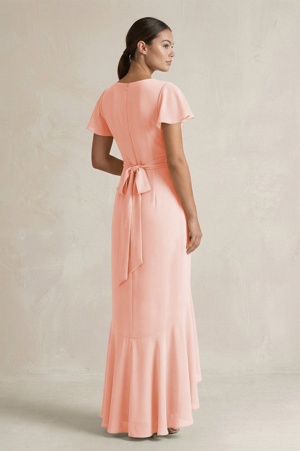 Rufffled V - Neck Sheath Chiffon Bridesmaid Dress in Rose Petal - KissProm Bridesmaid Dresses