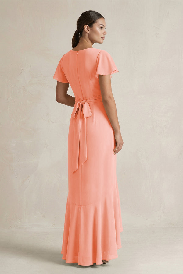 Rufffled V - Neck Sheath Chiffon Bridesmaid Dress in Rosette - KissProm Bridesmaid Dresses