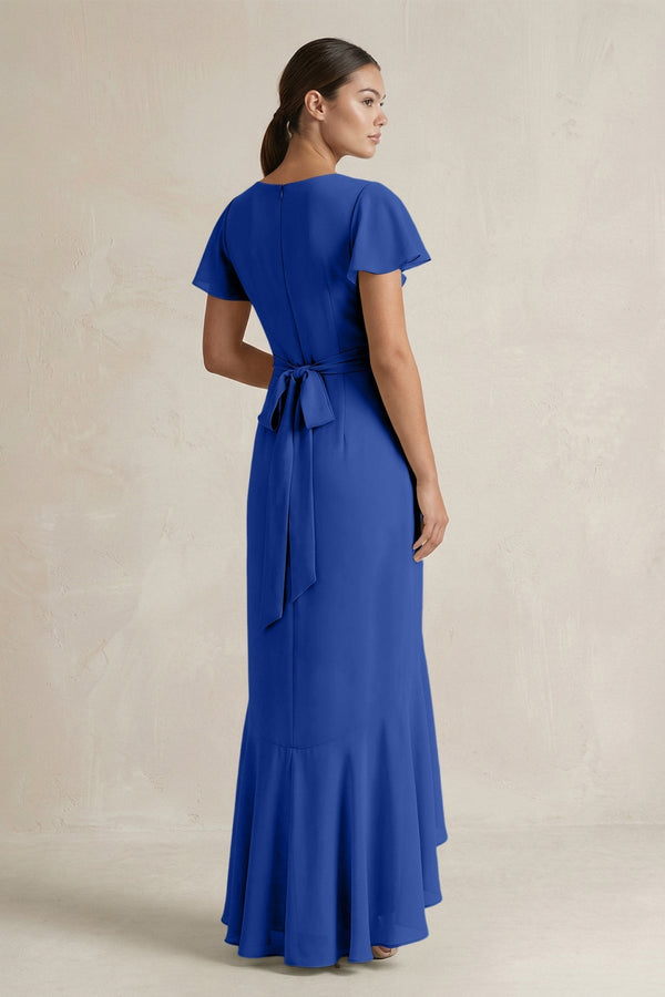 Rufffled V - Neck Sheath Chiffon Bridesmaid Dress in Royal Blue - KissProm Bridesmaid Dresses