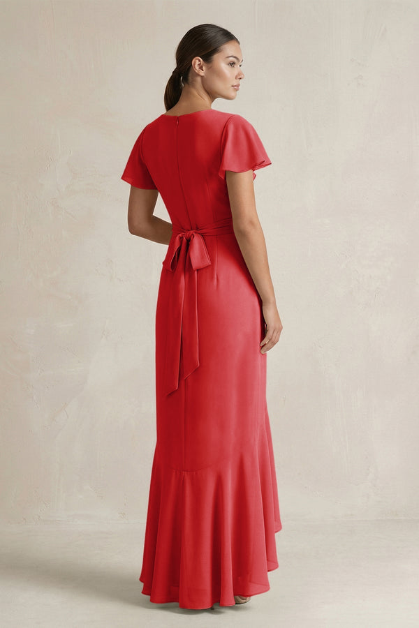 Rufffled V - Neck Sheath Chiffon Bridesmaid Dress in Ruby Red - KissProm Bridesmaid Dresses