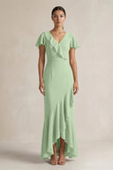Rufffled V - Neck Sheath Chiffon Bridesmaid Dress in Sage - KissProm Bridesmaid Dresses