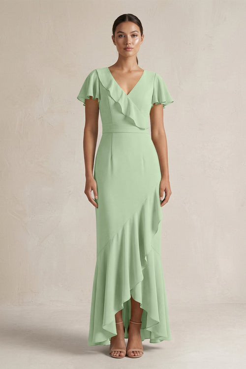 Rufffled V - Neck Sheath Chiffon Bridesmaid Dress in Sage - KissProm Bridesmaid Dresses