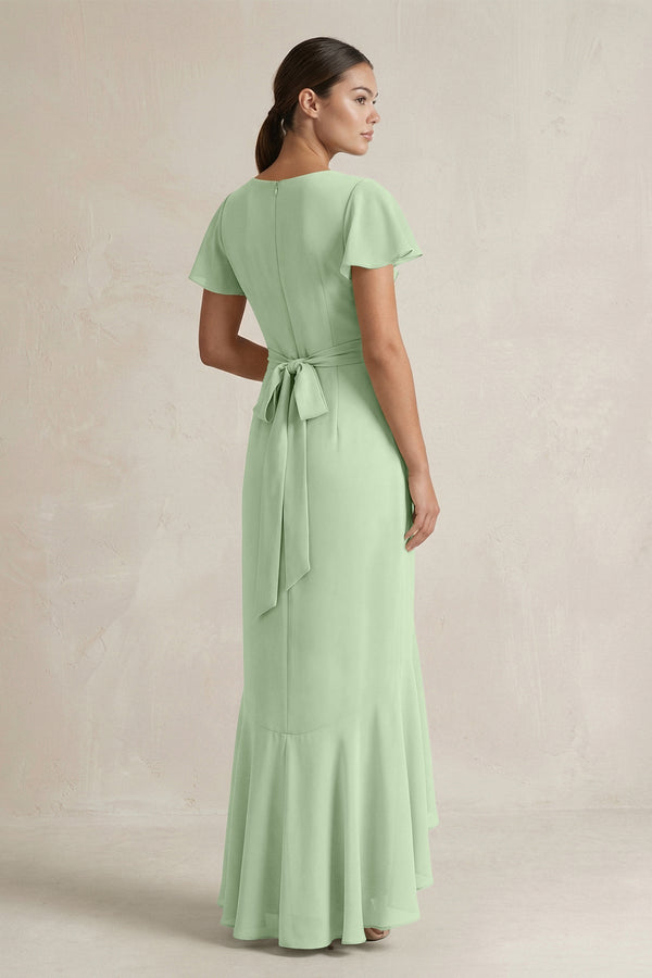 Rufffled V - Neck Sheath Chiffon Bridesmaid Dress in Sage - KissProm Bridesmaid Dresses