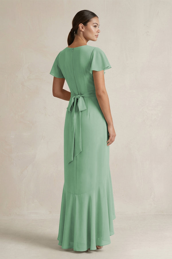 Rufffled V - Neck Sheath Chiffon Bridesmaid Dress in Sea Glass - KissProm Bridesmaid Dresses