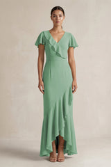 Rufffled V - Neck Sheath Chiffon Bridesmaid Dress in Sea Glass - KissProm Bridesmaid Dresses