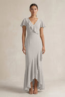 Rufffled V - Neck Sheath Chiffon Bridesmaid Dress in Silver - KissProm Bridesmaid Dresses