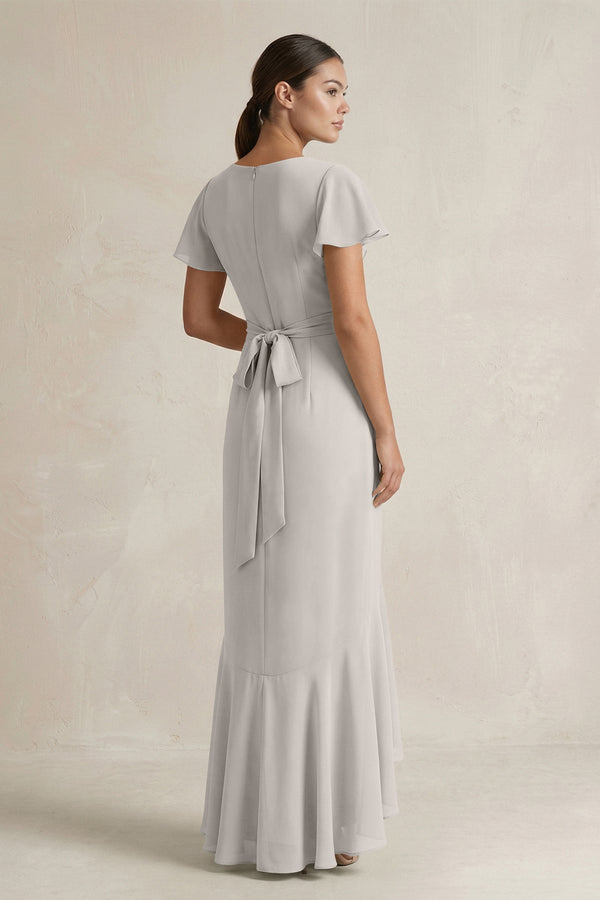 Rufffled V - Neck Sheath Chiffon Bridesmaid Dress in Silver - KissProm Bridesmaid Dresses
