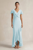Rufffled V - Neck Sheath Chiffon Bridesmaid Dress in Sky Blue - KissProm Bridesmaid Dresses