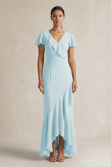Rufffled V - Neck Sheath Chiffon Bridesmaid Dress in Sky Blue - KissProm Bridesmaid Dresses
