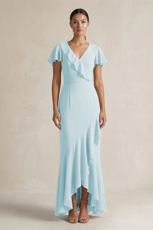 Rufffled V - Neck Sheath Chiffon Bridesmaid Dress in Sky Blue - KissProm Bridesmaid Dresses