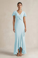 Rufffled V - Neck Sheath Chiffon Bridesmaid Dress in Sky Blue - KissProm Bridesmaid Dresses