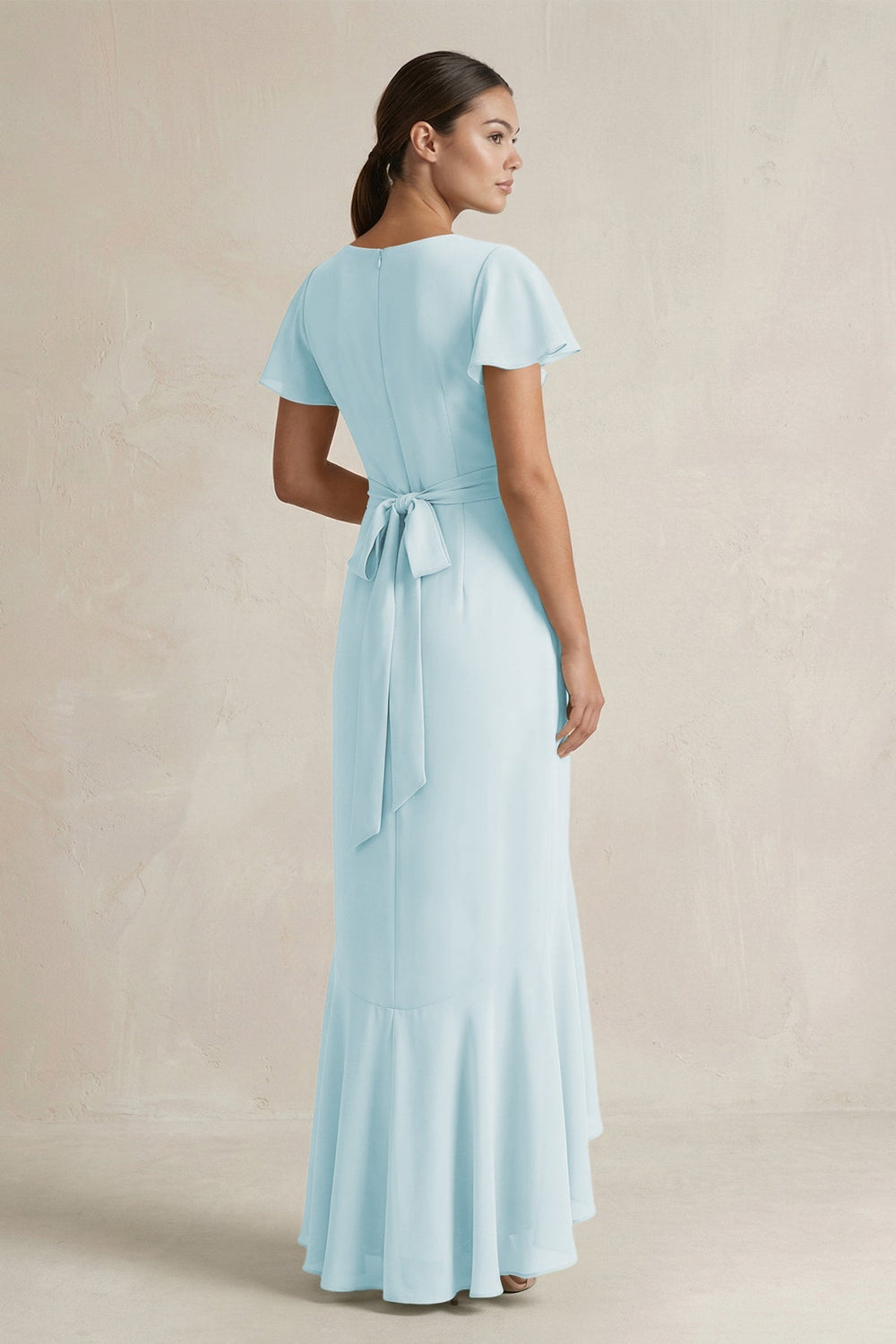 Rufffled V - Neck Sheath Chiffon Bridesmaid Dress in Sky Blue - KissProm Bridesmaid Dresses