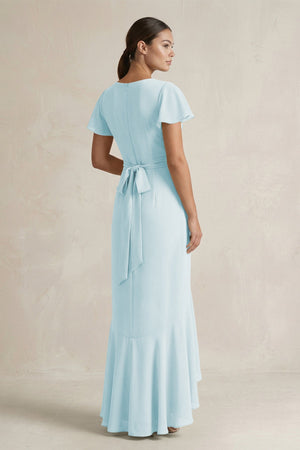 Rufffled V - Neck Sheath Chiffon Bridesmaid Dress in Sky Blue - KissProm Bridesmaid Dresses