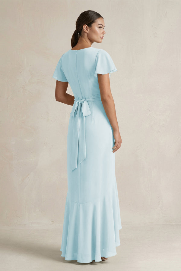 Rufffled V - Neck Sheath Chiffon Bridesmaid Dress in Sky Blue - KissProm Bridesmaid Dresses