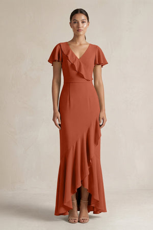 Rufffled V - Neck Sheath Chiffon Bridesmaid Dress in Spice - KissProm Bridesmaid Dresses