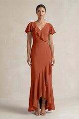 Rufffled V - Neck Sheath Chiffon Bridesmaid Dress in Spice - KissProm Bridesmaid Dresses