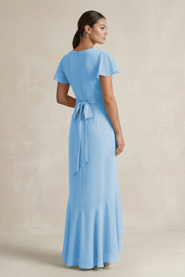 Rufffled V - Neck Sheath Chiffon Bridesmaid Dress in Steel Blue - KissProm Bridesmaid Dresses