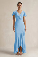 Rufffled V - Neck Sheath Chiffon Bridesmaid Dress in Steel Blue - KissProm Bridesmaid Dresses