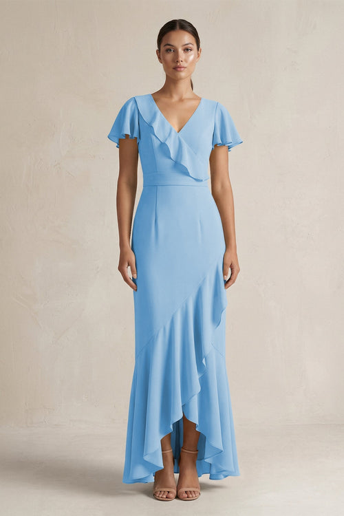 Rufffled V - Neck Sheath Chiffon Bridesmaid Dress in Steel Blue - KissProm Bridesmaid Dresses