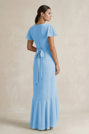 Rufffled V - Neck Sheath Chiffon Bridesmaid Dress in Steel Blue - KissProm Bridesmaid Dresses