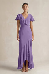 Rufffled V - Neck Sheath Chiffon Bridesmaid Dress in Tahiti - KissProm Bridesmaid Dresses