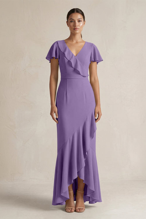 Rufffled V - Neck Sheath Chiffon Bridesmaid Dress in Tahiti - KissProm Bridesmaid Dresses