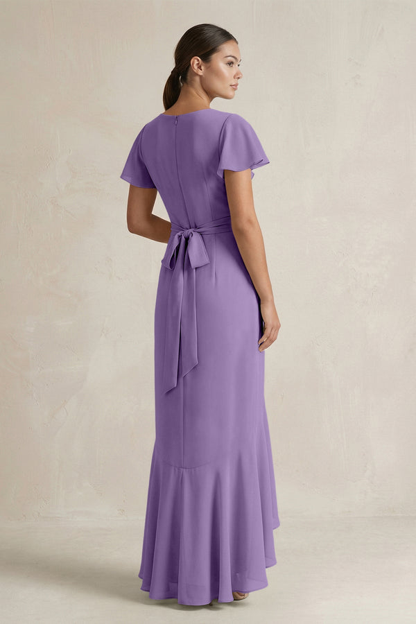 Rufffled V - Neck Sheath Chiffon Bridesmaid Dress in Tahiti - KissProm Bridesmaid Dresses