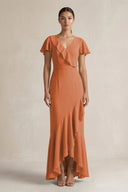 Rufffled V - Neck Sheath Chiffon Bridesmaid Dress in Terracotta - KissProm Bridesmaid Dresses
