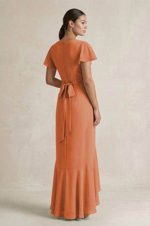 Rufffled V - Neck Sheath Chiffon Bridesmaid Dress in Terracotta - KissProm Bridesmaid Dresses