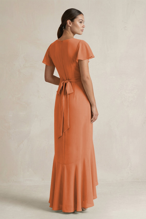 Rufffled V - Neck Sheath Chiffon Bridesmaid Dress in Terracotta - KissProm Bridesmaid Dresses