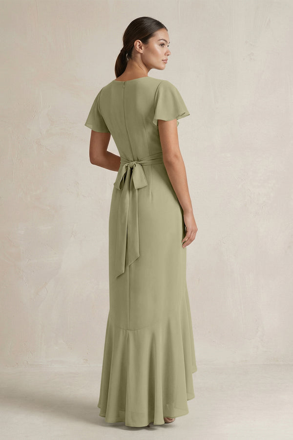 Rufffled V - Neck Sheath Chiffon Bridesmaid Dress in Thyme - KissProm Bridesmaid Dresses